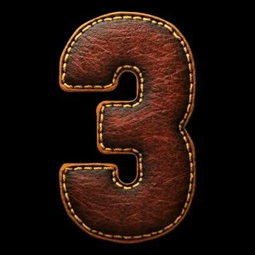 Number 3 made of leather. 3D render font with skin texture on black background. Stockillustratie