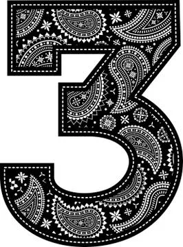 Number 3 with paisley pattern design. Embroidery style in black color. Isolat Stockillustratie