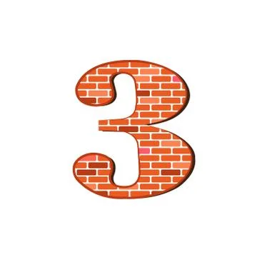 Number 3 from red brick wall texture on a white background. Stock Illustration
