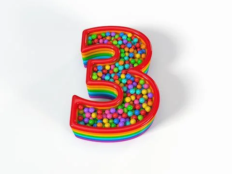 Number 3 shaped child pool filled with plastic toy balls. 3D illustration Stock Illustration