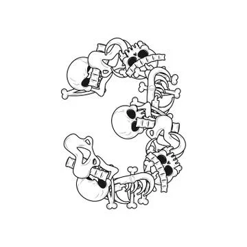 Number 3 skeleton. Bones Font three. Anatomy of an alphabet symbol. dead AB.. Stock Illustration