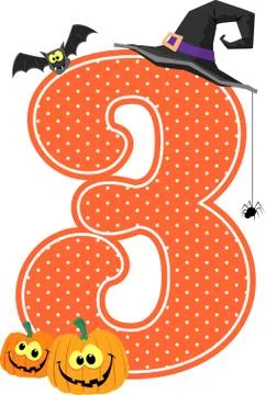 Number 3 with smiling pumpkins and halloween design elements isolated on whit Stock Illustration