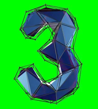 Number 3 three in low poly style blue color isolated on green background. 3d Stock Illustration