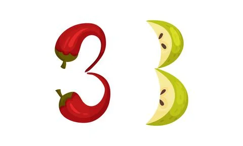 Number 3 Three made of fresh hot chilli pepper and apple cartoon vector Stock Illustration