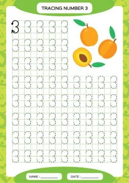 Number 3. Three Tracing Worksheet. Orange Peach fruit. Preschool worksheet Stock Illustration