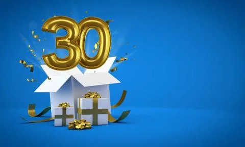 Number 30 exploding from a birthday present gift box. 3D Render イラスト素材