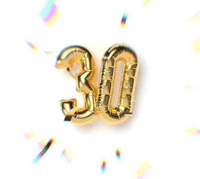 Number 30 Gold Balloon Text and Falling Soft Focus Confetti Stock Illustration