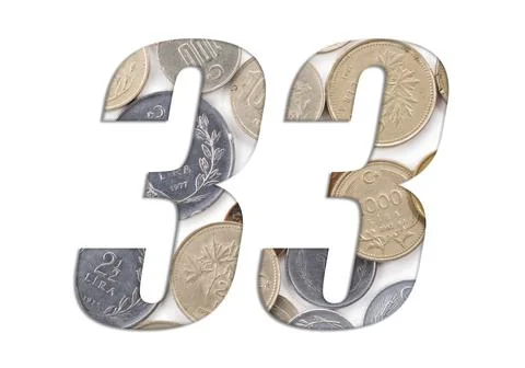Number 33 - with stack of old Turkish coins on white background Stock Photos