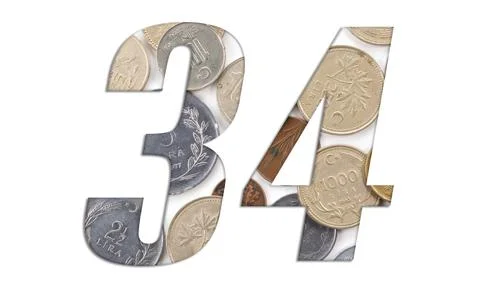 Number 34 - with stack of old Turkish coins on white background Stock Photos