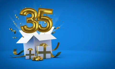 Number 35 exploding from a birthday present gift box. 3D Render Stock Illustration