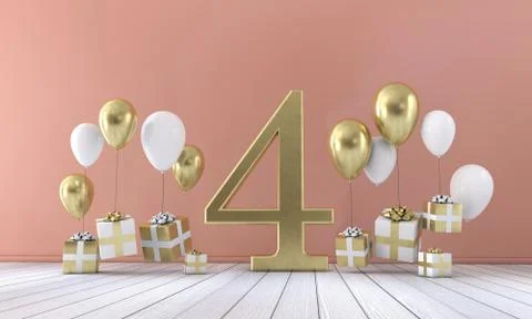 Number 4 birthday party composition with balloons and gift boxes. 3D Rendering Stock Illustration