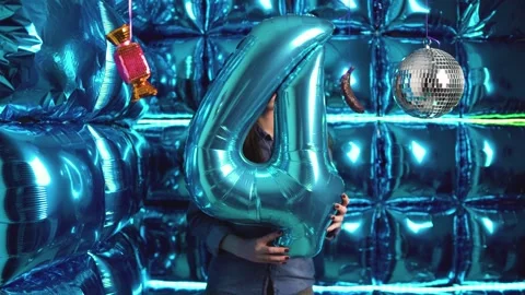 Number 4 Blue Balloo Young Woman Holding Stock Footage 306674005