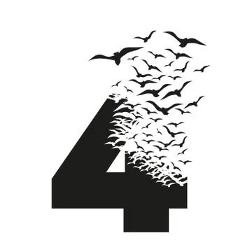 Number 4 with effect of destruction. Dispersion. Birds Stock Illustration