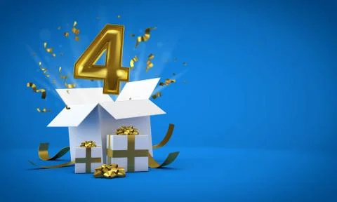 Number 4 exploding from a birthday present gift box. 3D Render 스톡 일러스트