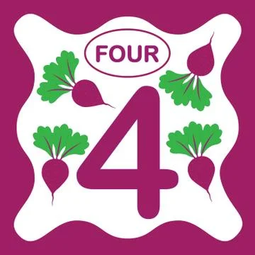 Number 4 (four), educational card, learning counting with vegetables, math Illustrazione stock