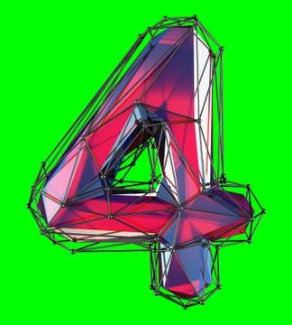 Number 4 four in low poly style red color isolated on green background. 3d Stock Illustration