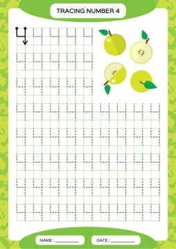Number 4. Four Tracing Worksheet. Green Apple. Preschool worksheet, practicing Stock Illustration