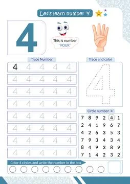 Number 4 tracing and counting worksheet for kids Stock Illustration