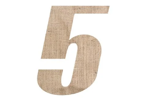 Number 5 with burlap texture on white background Stock Photos