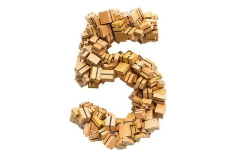 Number 5 from cardboard boxes. 3D rendering Stock Illustration