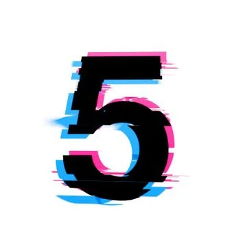 Number 5 distorted neon glitch effect text font. 3D Render Stock Illustration