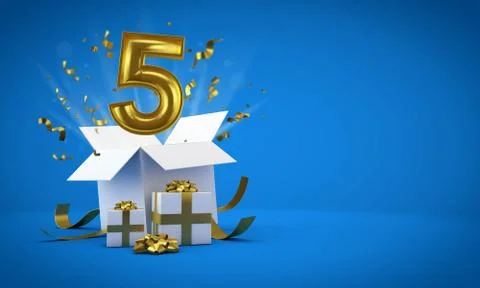 Number 5 exploding from a birthday present gift box. 3D Render Illustrazione stock