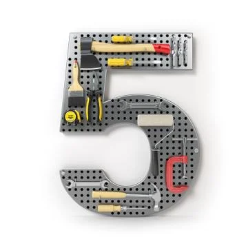 Number 5 five. Alphabet from the tools on the metal pegboard isolated on whit Stock Illustration