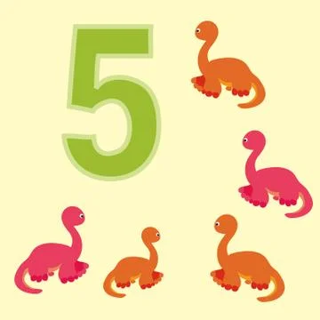 The number 5. Five dinosaurs (Brachiosaurus). Stock Illustration