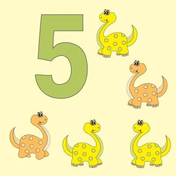 The number 5. Five dinosaurs (Brachiosaurus ). Stock Illustration