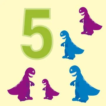 The number 5. Five dinosaurs (t-Rex ). Stock Illustration
