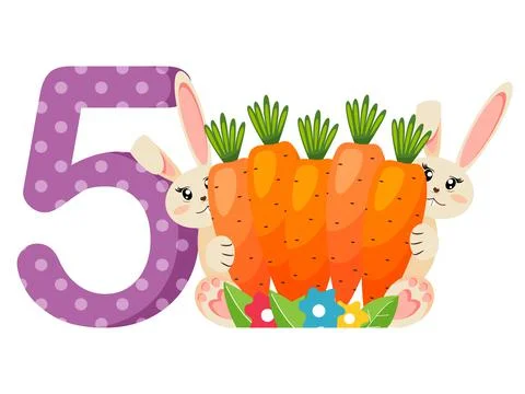 Number 5 five for kids. Learn to count with funny bunnies. Vector illustration. Stock Illustration