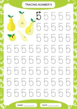 Number 5. Five Tracing Worksheet for kids.. Yellow juicy pear. Preschool Stock Illustration