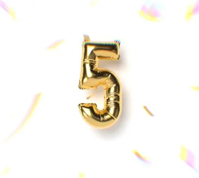 Number 5 Gold Balloon Text and Falling Soft Focus Confetti Stock Illustration