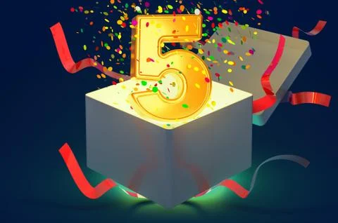 Number 5 inside gift box with confetti and shiny light, 3D rendering Stock Illustration