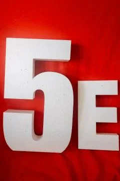 Number 5, letter E. text ONE and peppa pig figure. white foam products. decor Stock Photos