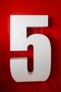 Number 5, letter E. text ONE and peppa pig figure. white foam products. decor Stock Photos