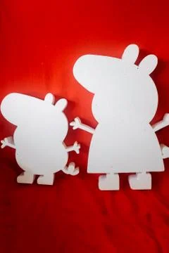 Number 5, letter E. text ONE and peppa pig figure. white foam products. decor Stock Photos