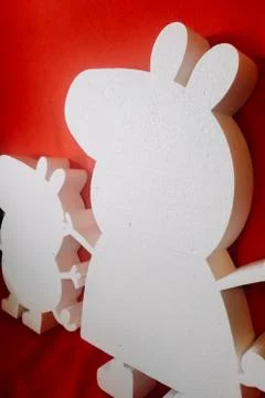 Number 5, letter E. text ONE and peppa pig figure. white foam products. decor Stock Photos