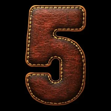 Number 5 made of leather. 3D render font with skin texture on black background. Stock Illustration
