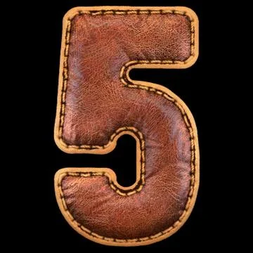 Number 5 made of leather. 3D render font with skin texture on black background. Stock Illustration