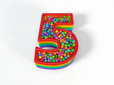 Number 5 shaped child pool filled with plastic toy balls. 3D illustration Stock Illustration