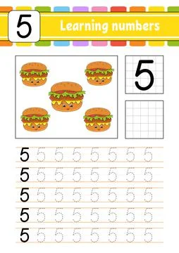 Number 5. Trace and write. Handwriting practice. Learning numbers for kids. E Stock Illustration