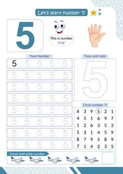 Number 5 tracing and counting worksheet for kids Stock Illustration