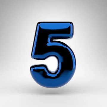 Number 5 on white background. Blue chrome 3D number with glossy surface. Stock Illustration