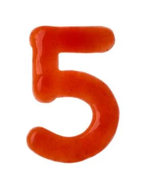 Number 5 written with red sauce on white background Stock Photos