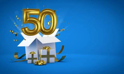 Number 50 exploding from a birthday present gift box. 3D Render Illustrazione stock