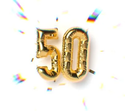 Number 50 Gold Balloon Text and Falling Soft Focus Confetti Stock Illustration