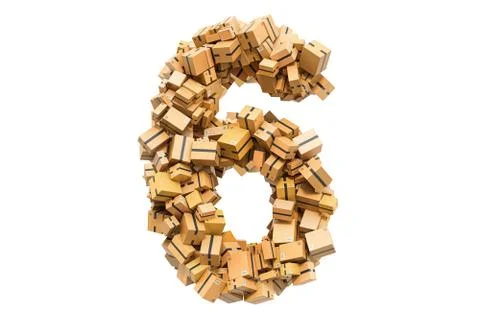 Number 6 from cardboard boxes. 3D rendering Illustrazione stock
