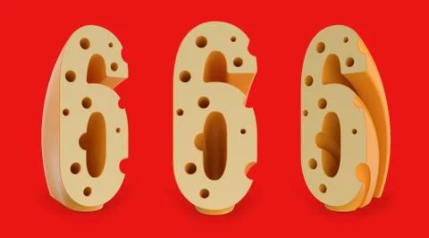Number 6. Digital sign. Set of three view points on red. 3D Stock Illustration