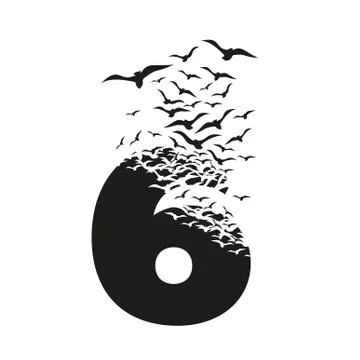 Number 6 with effect of destruction. Dispersion. Birds Stock Illustration